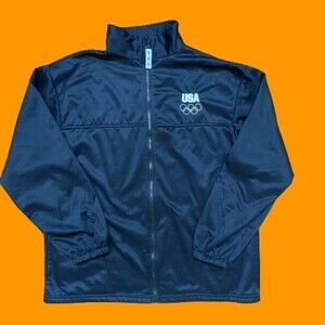 USA VTG Olympic Full Zip Black Athletic Lightweight Windbreaker Size XL